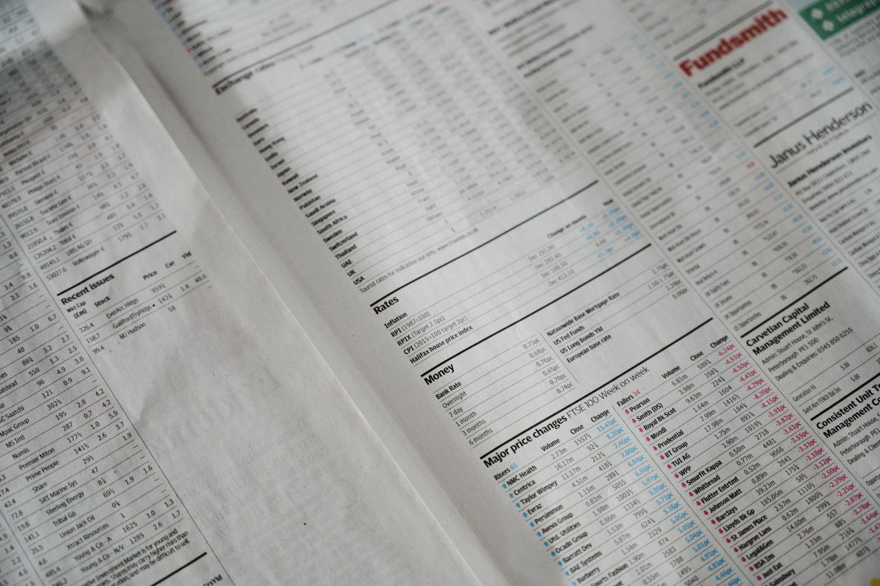 Close-up of a printed page of financial figures